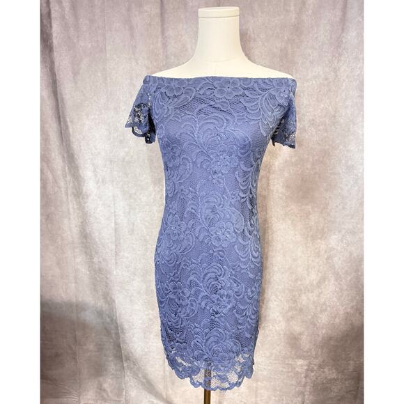 Ambiance Medium Blue Lace Off the Shoulder Flutter Sleeve Midi dress size Medium - Picture 2 of 6